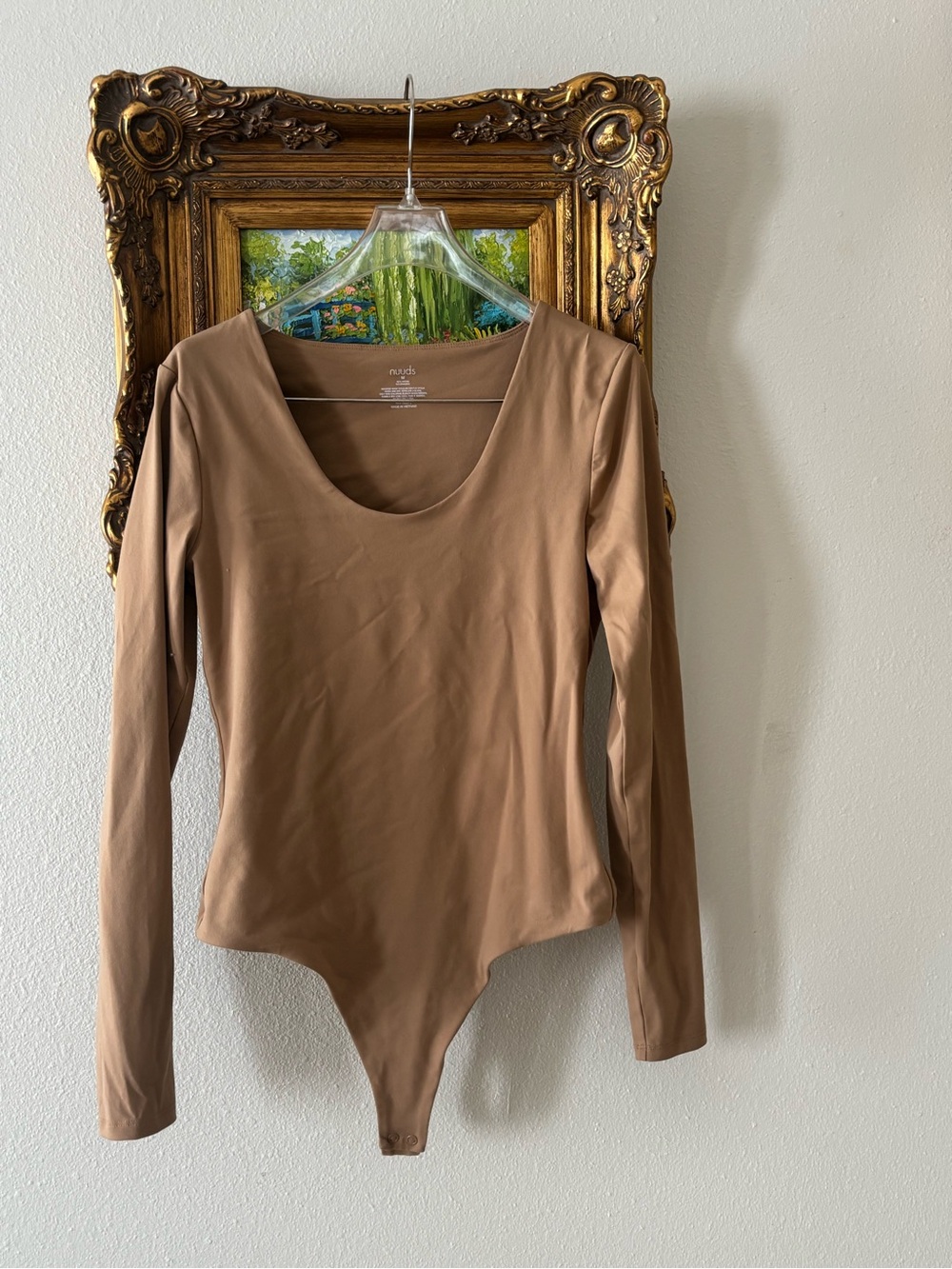 nuuds Long-Sleeve Scoop Neck Bodysuit in Tan Brown